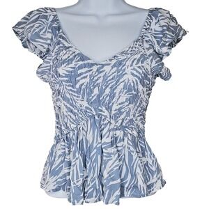 Japna Flutter Sleeve Crop Top Size S Shirred Boho Tropical Beachy Coastal Blue